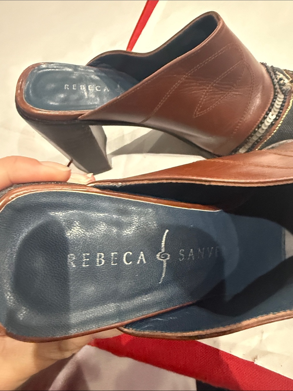 Rebeca Sanver Brown Leather and Navy Embroidered Mule Heels - Picture 5 of 5